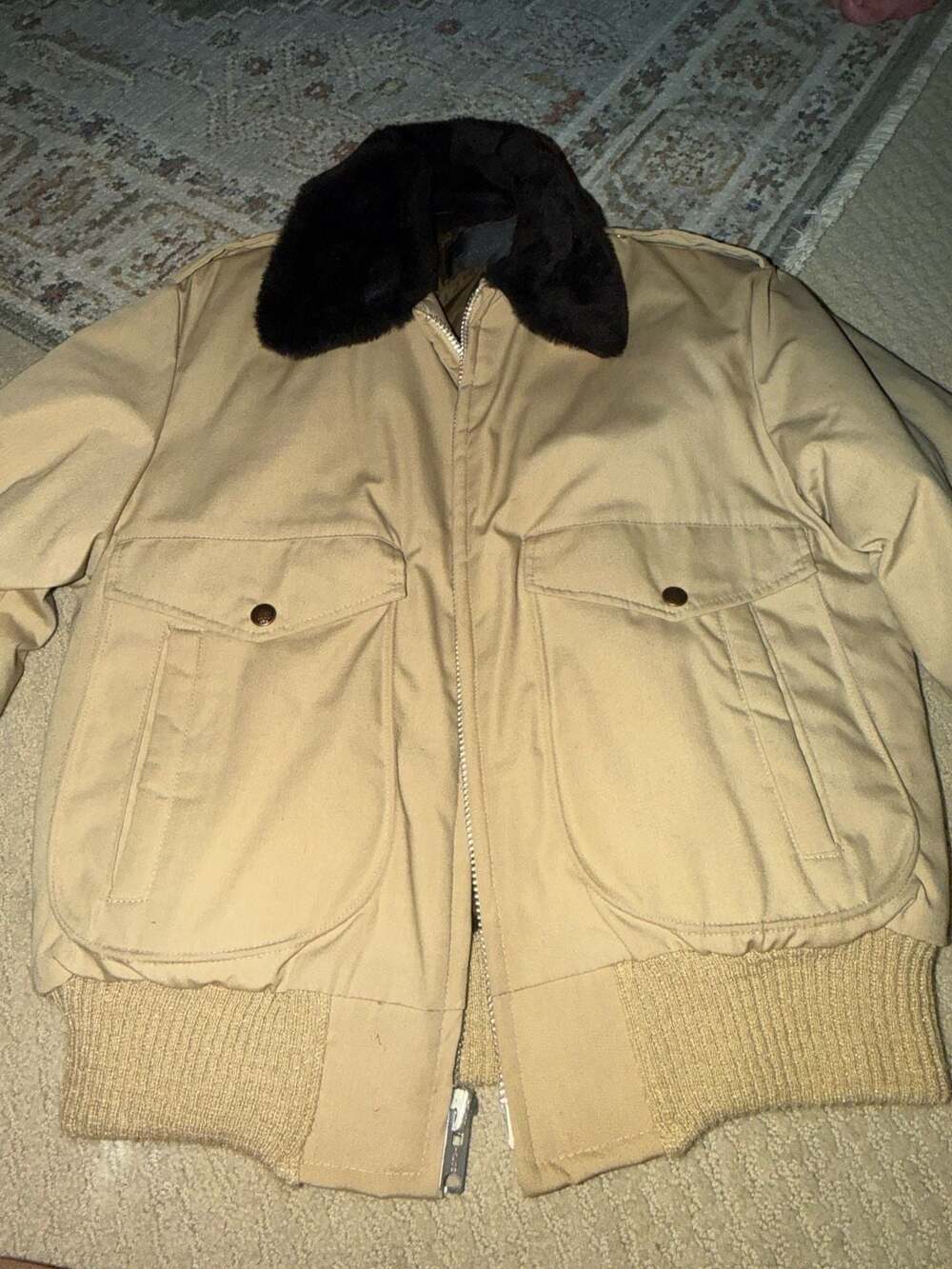 Vintage JCPenney Tan Quilted Bomber Jacket with Faux Fur Collar and Talon Zipper